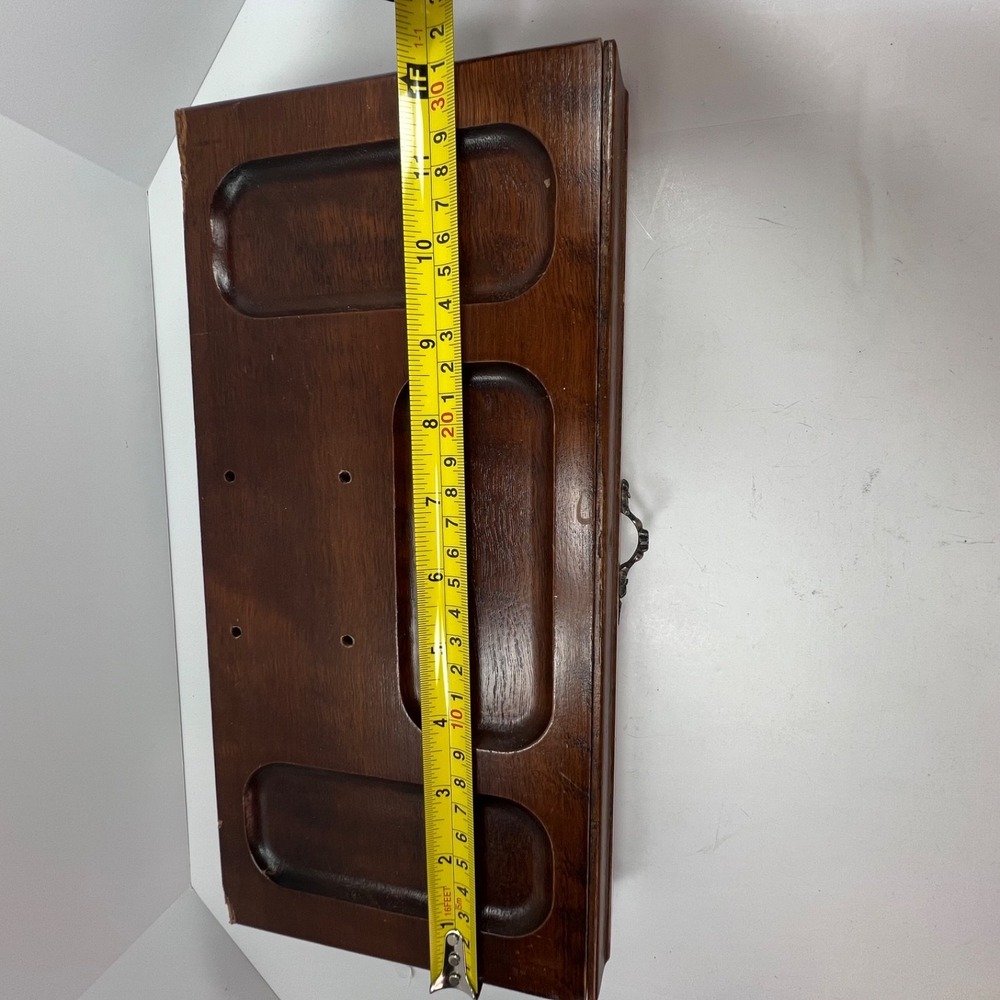 Vintage wood valet jewelry box with drawer ornate handle sunken depressions top - Picture 5 of 13
